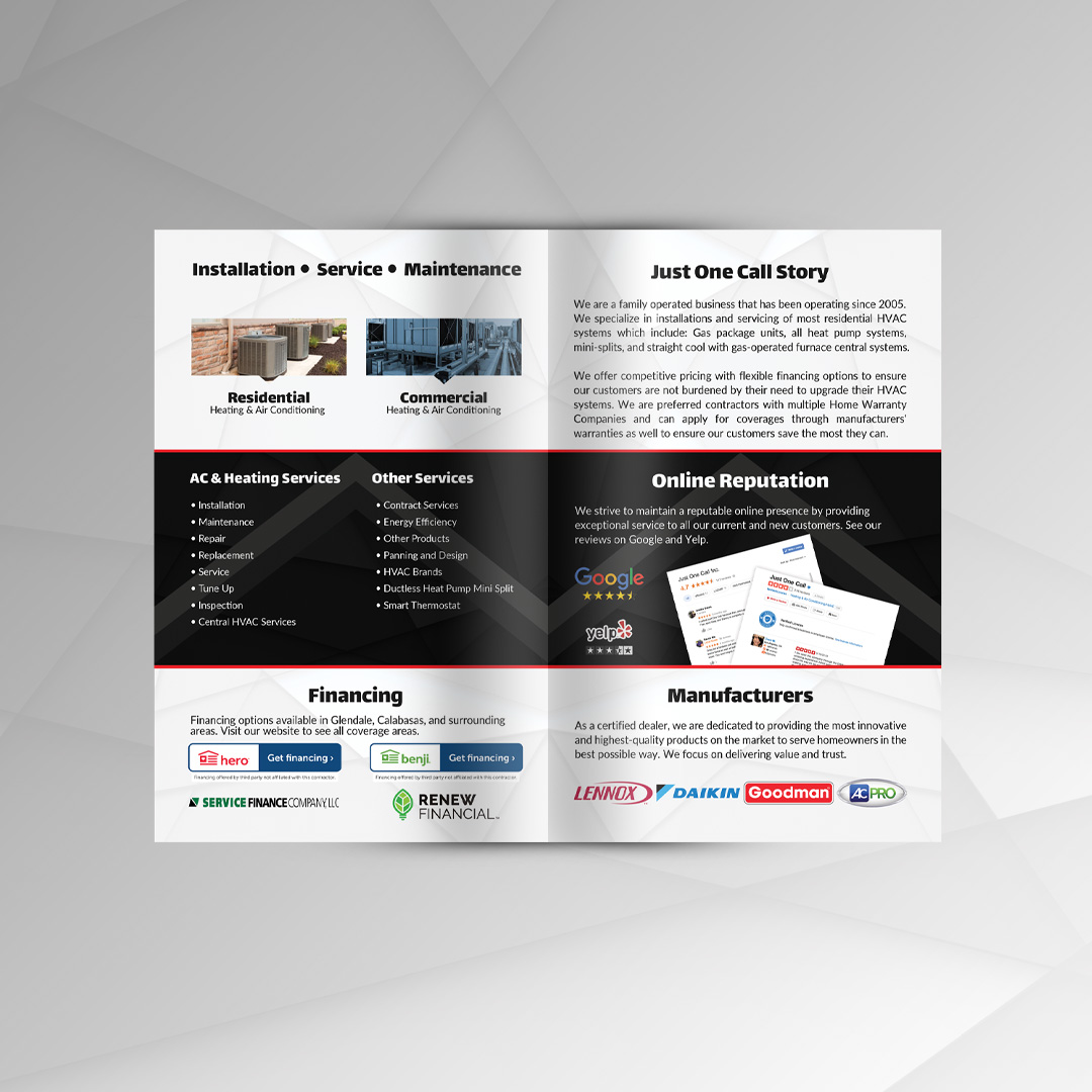 Interior pages of a Just One Call HVAC home comfort guide